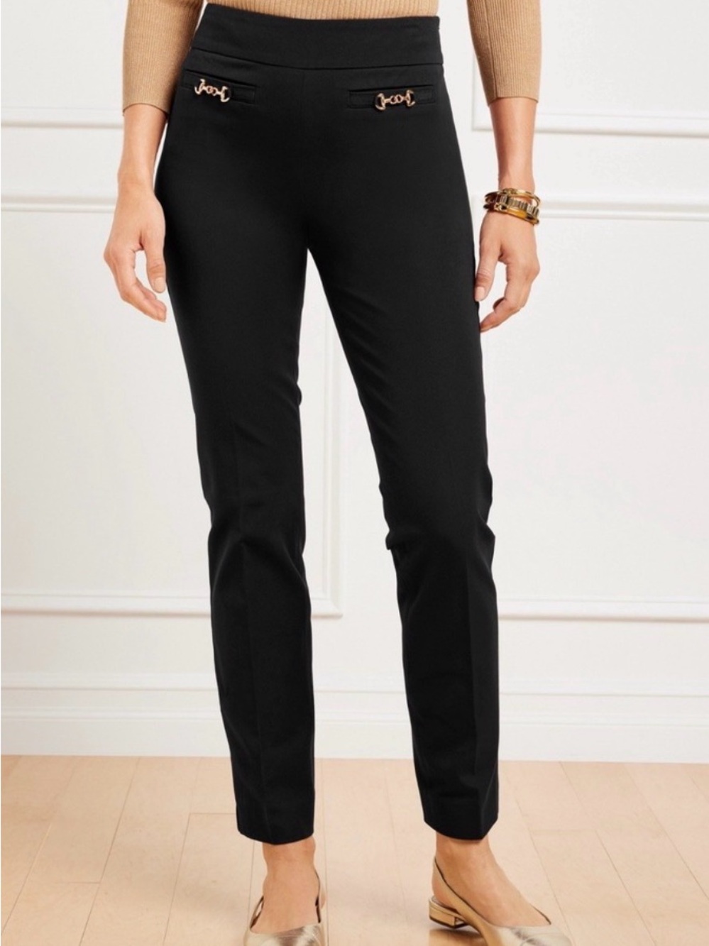 Talbots Black Chatham Ankle Ponte Pants with Gold-Tone Detail